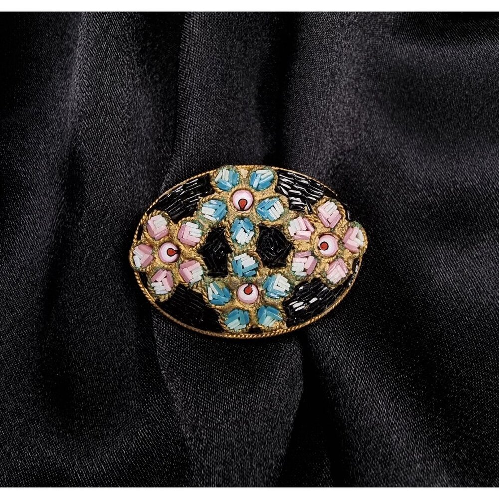 Vintage 1940s Made In Italy Signed Mosaic Brooch With Floral Design